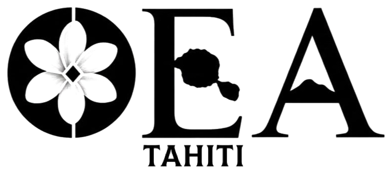 Logo OEA Tahiti : fleur de tiare, île stylisée dans le E, montagne dans le A