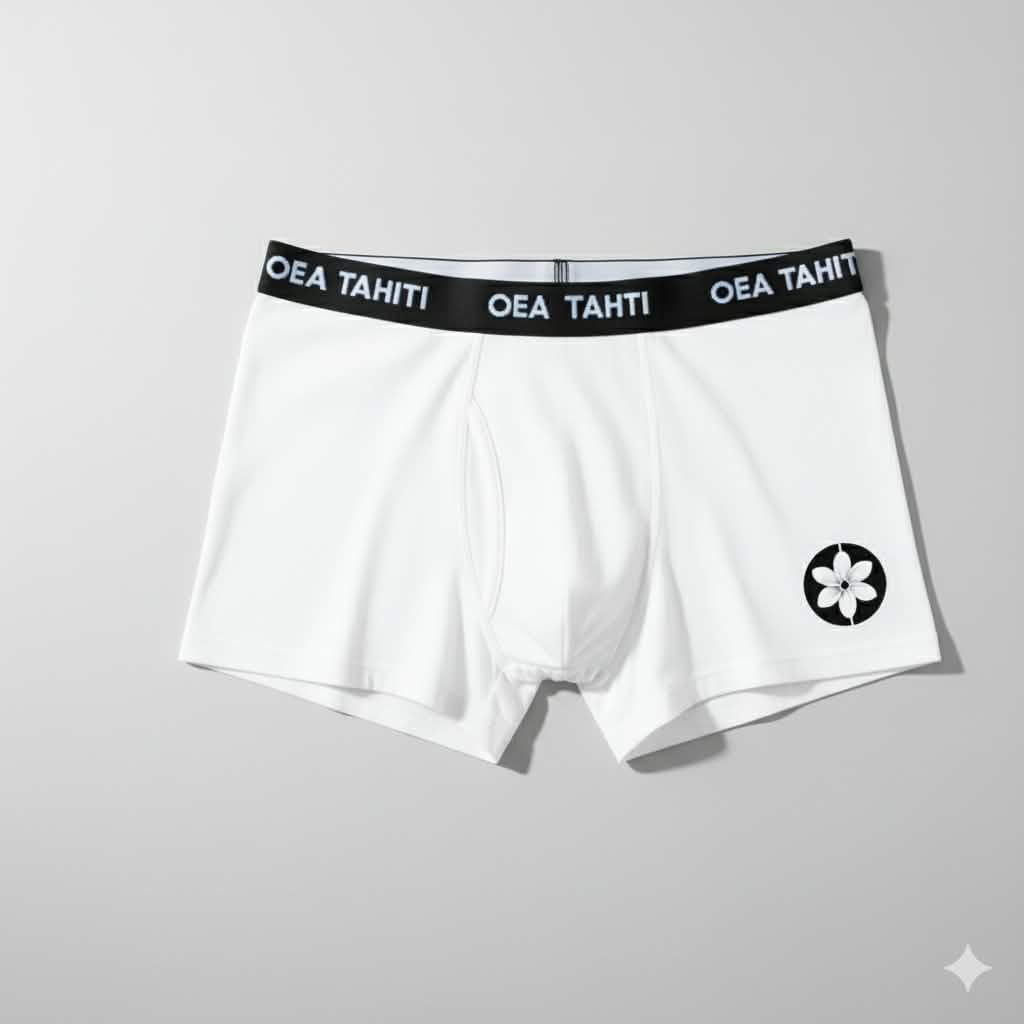 Boxer OEA blanc, ceinture logotée, fleur de tiare brodée
