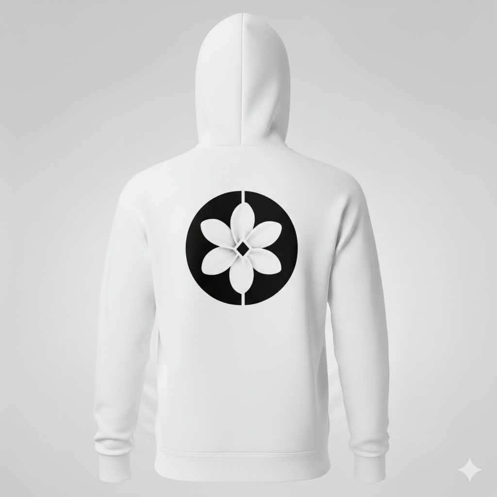 Dos d'un hoodie OEA blanc, large fleur de tiaré brodée