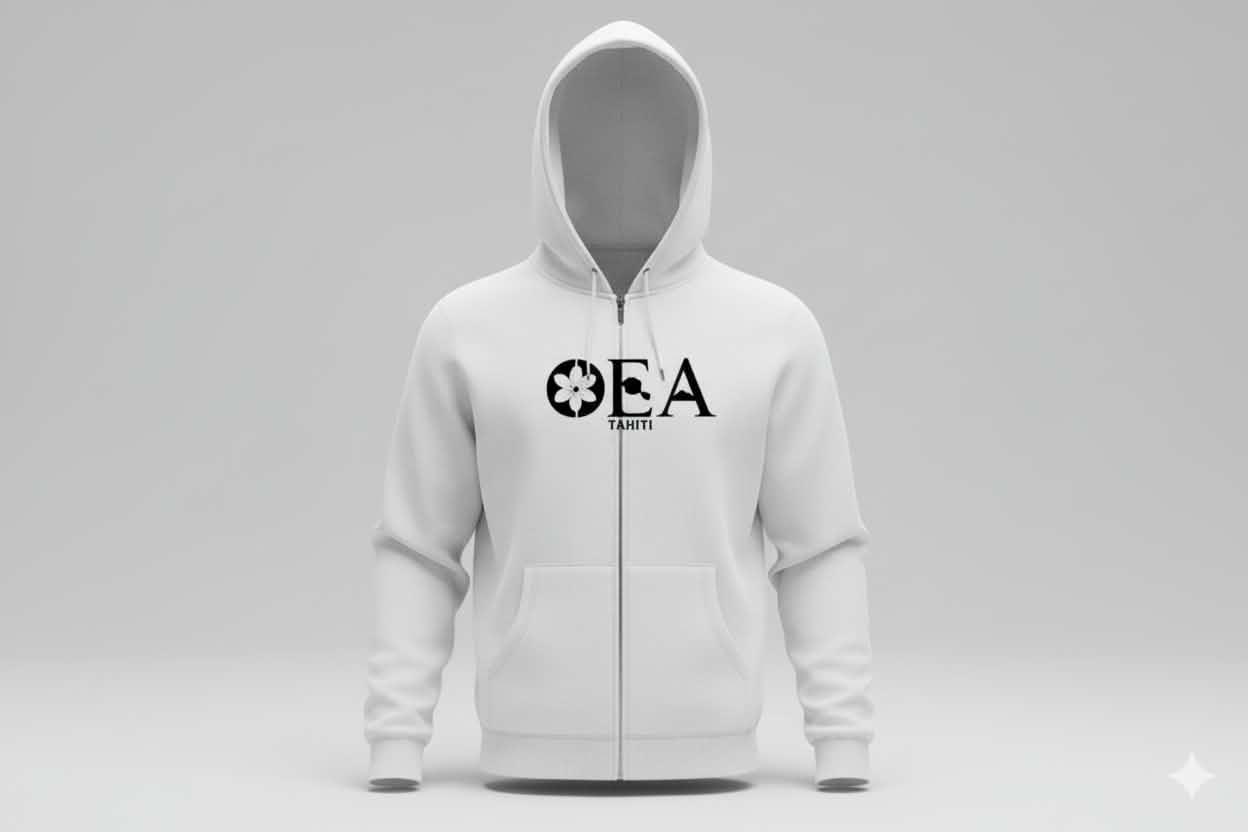Hoodie zippé OEA blanc, logo OEA Tahiti brodé sur la poitrine